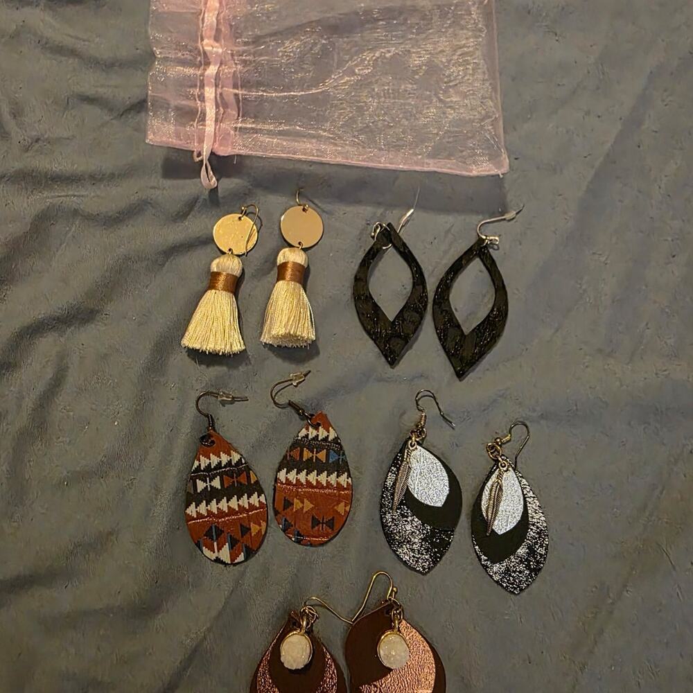 Boho Faux Leather Earring Lot (5 Pairs) Aztec Tassel Druzy